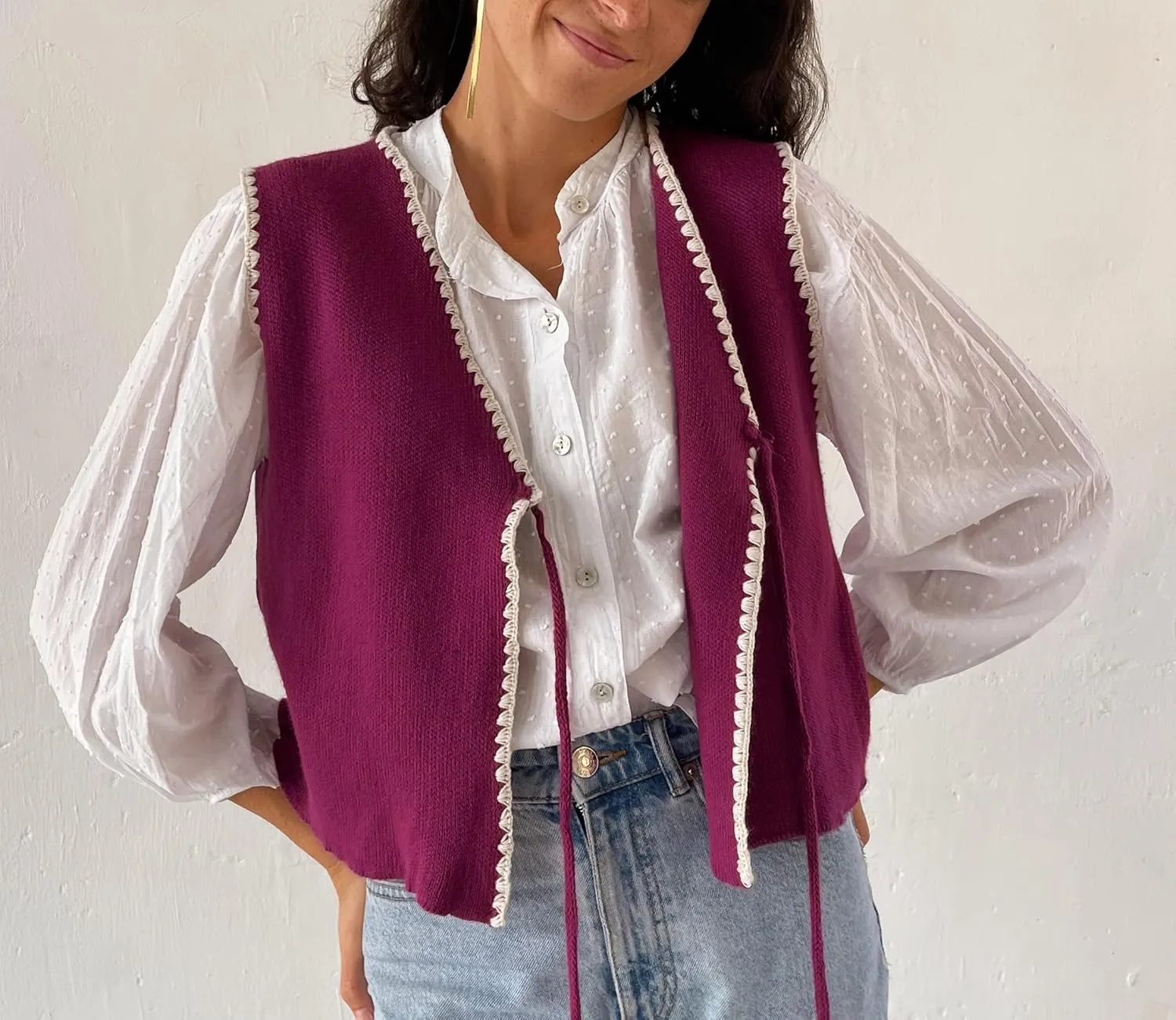 Women Tie Front Crochet Vest Sleeveless Sweater Tank Tops Open Front V Neck Knit Cardigan Going Out