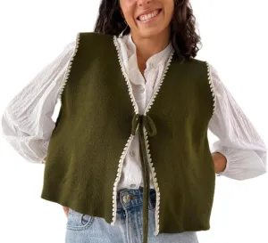 Women Tie Front Crochet Vest Sleeveless Sweater Tank Tops Open Front V Neck Knit Cardigan Going Out