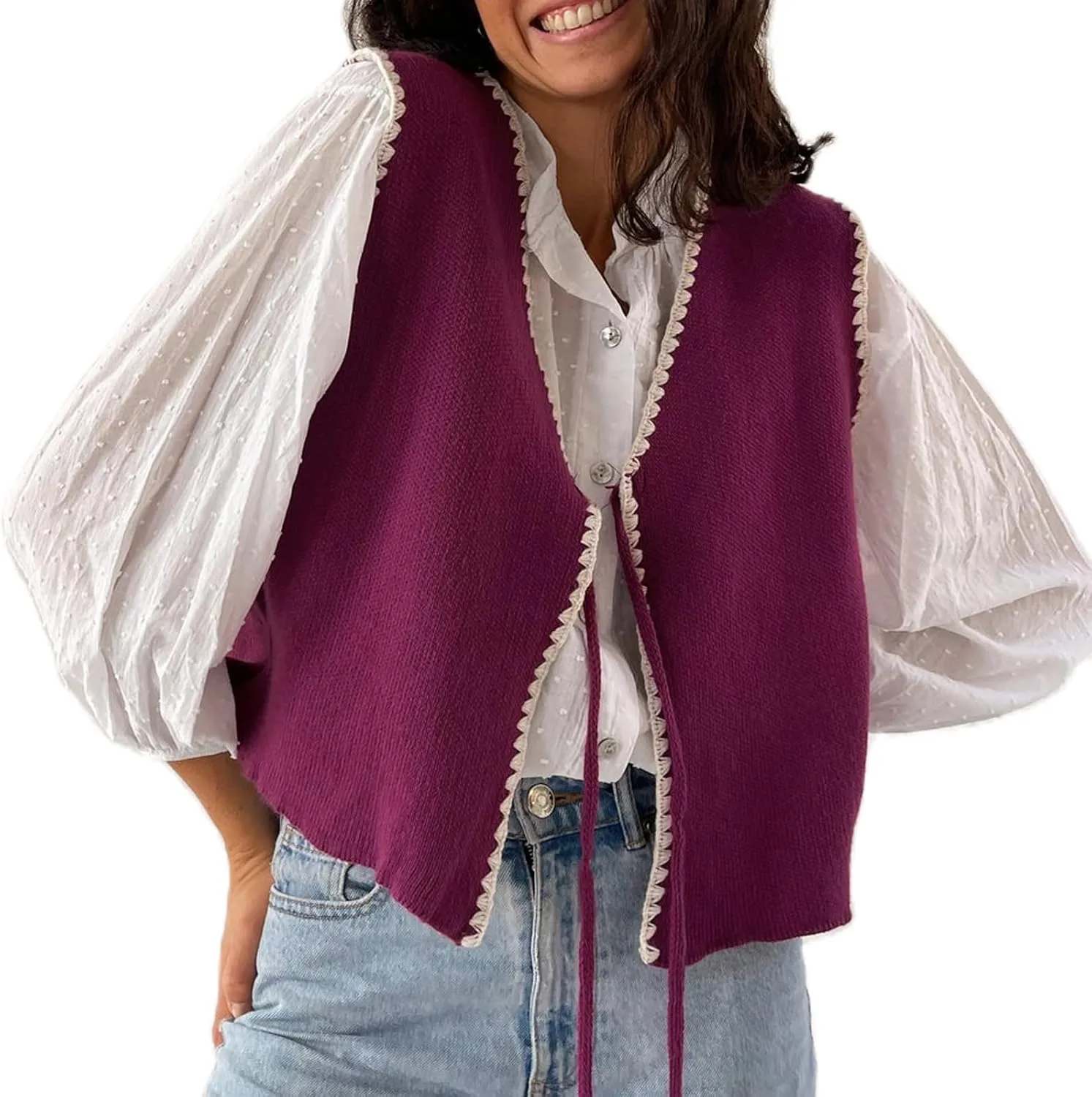 Women Tie Front Crochet Vest Sleeveless Sweater Tank Tops Open Front V Neck Knit Cardigan Going Out