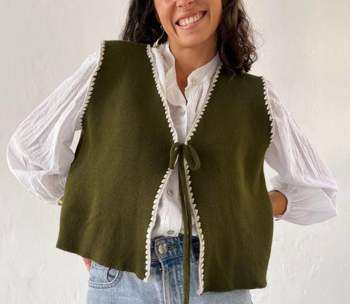 Women Tie Front Crochet Vest Sleeveless Sweater Tank Tops Open Front V Neck Knit Cardigan Going Out