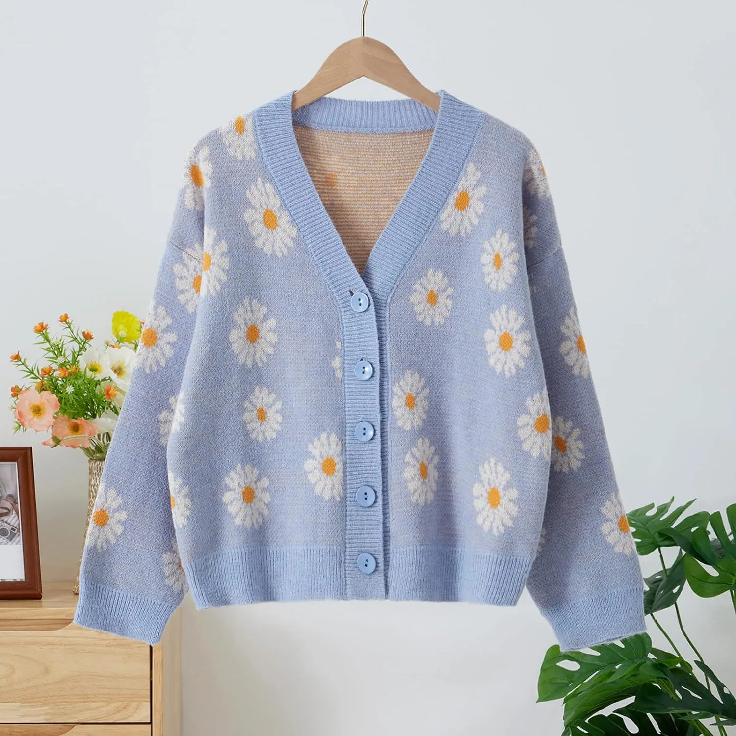 Women Valentines Day Heart Sweater Cardigan Long Sleeve Button Open Front Casual Loose Knit Sweater Outerwear