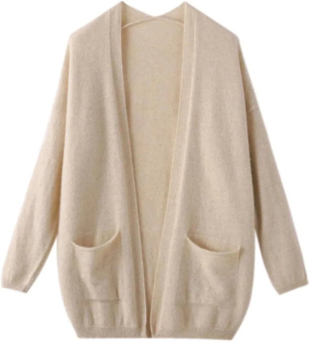 Women Wool Cardigan V-Neck Merino Wool Knitwear Sweaters Solid Pockets Soft Top