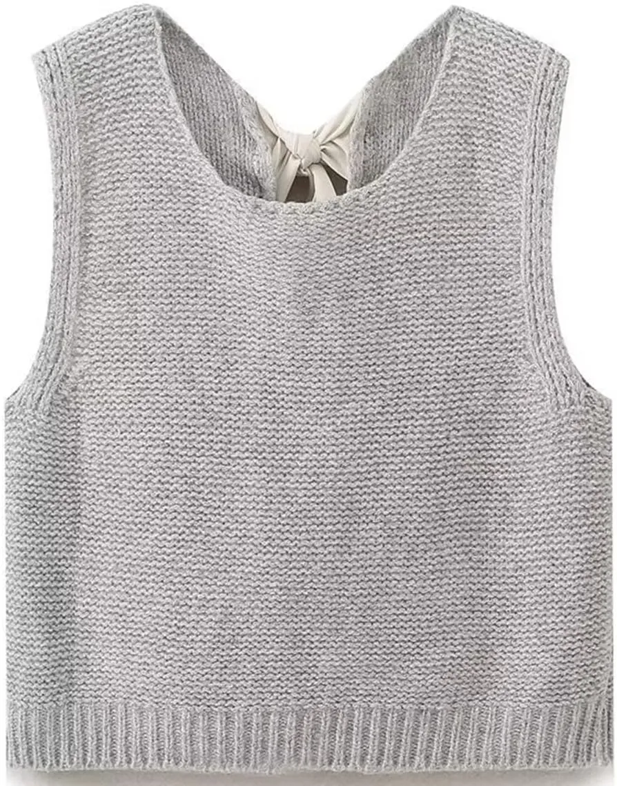 Women Y2k Bow Tie Sweater Vest Top Back Split Sleeveless Crochet Short Sweater Shirt Casual Knit Cardigan Tank Tops