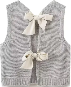 Women Y2k Bow Tie Sweater Vest Top Back Split Sleeveless Crochet Short Sweater Shirt Casual Knit Cardigan Tank Tops