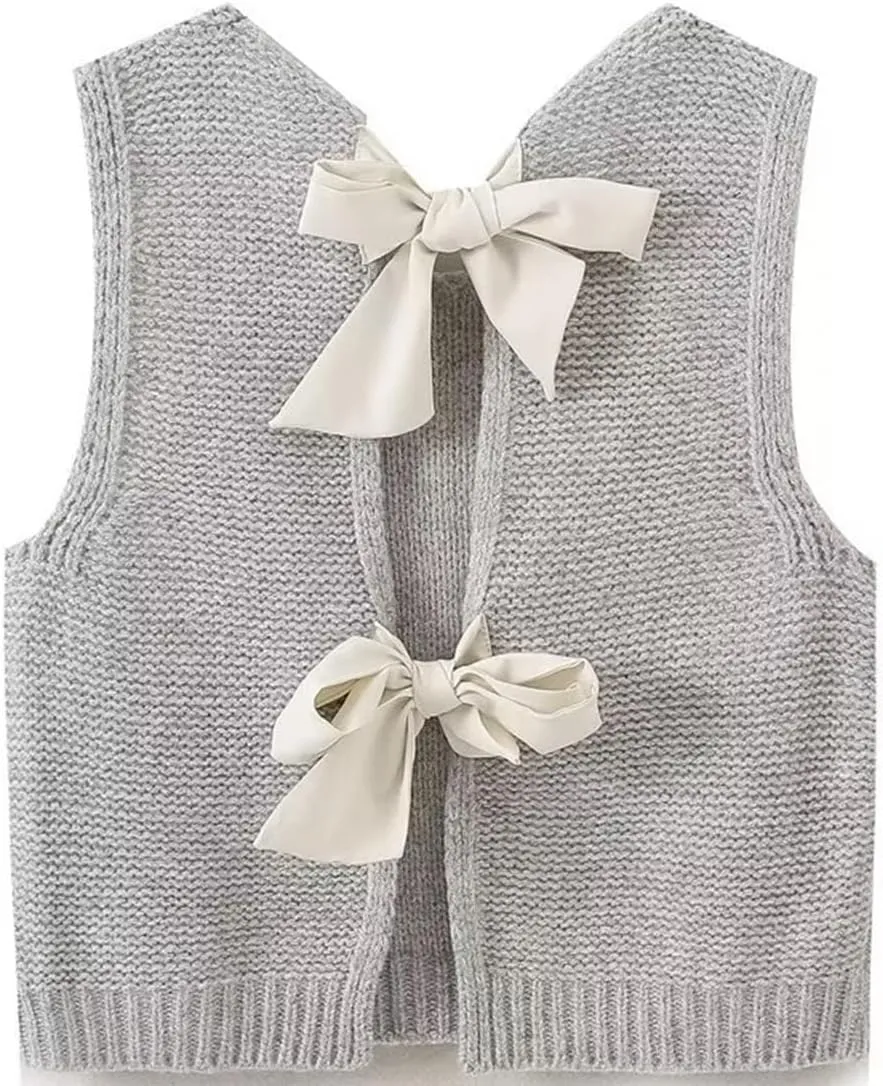 Women Y2k Bow Tie Sweater Vest Top Back Split Sleeveless Crochet Short Sweater Shirt Casual Knit Cardigan Tank Tops