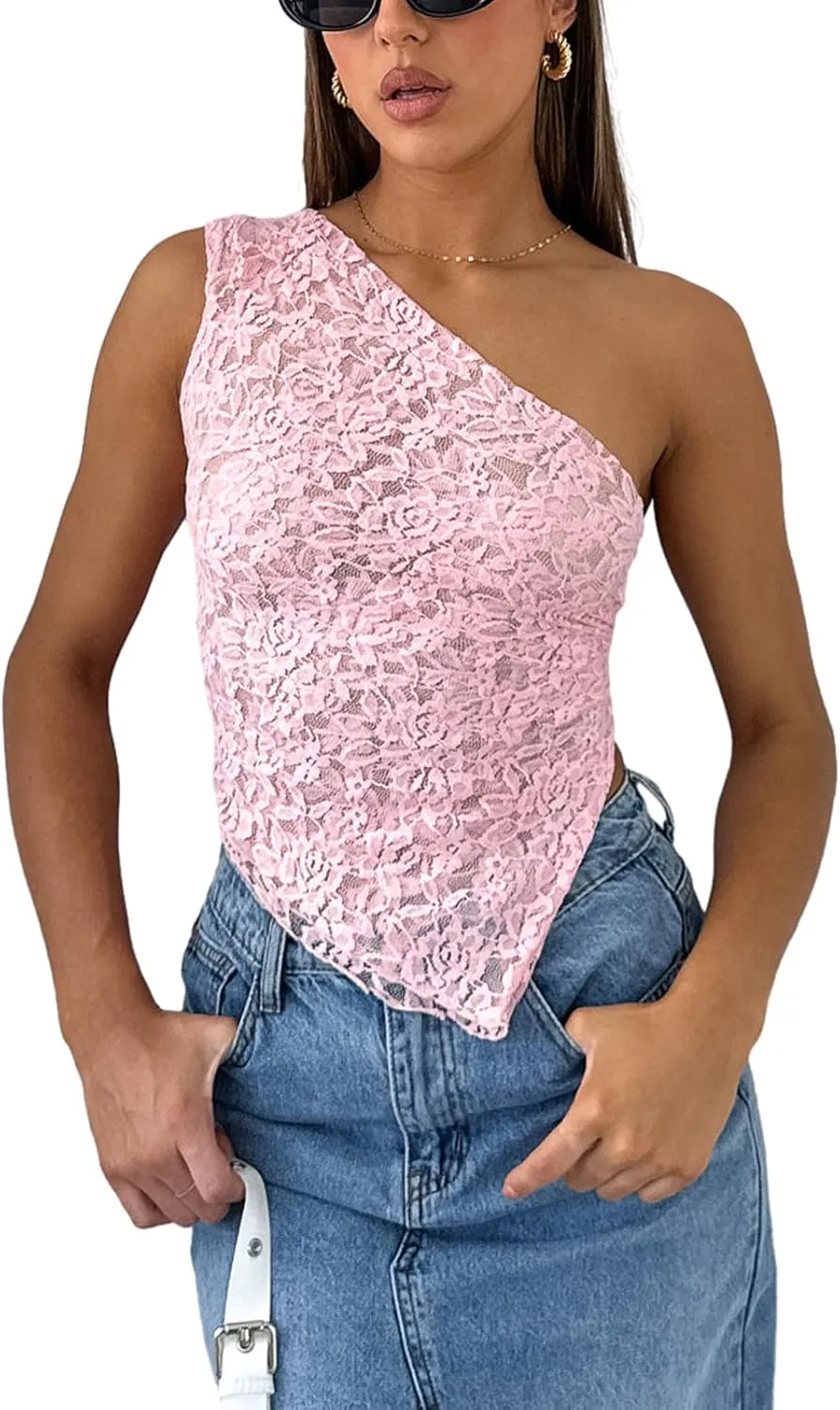 Women Y2K Lace Tank Top One Shoulder Tie Back Spaghetti Strap Crop Top Backless Cut Out Camis Summer Going Out Top