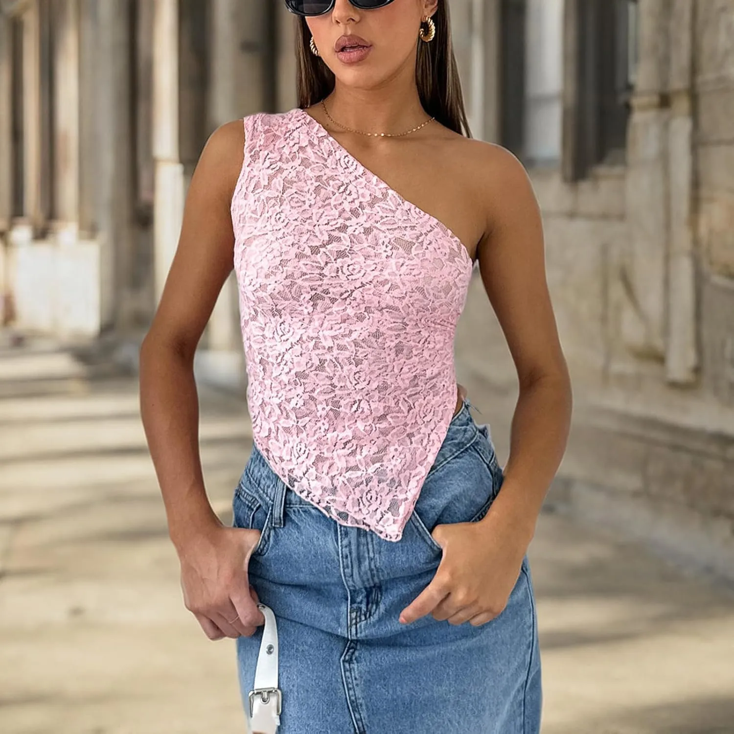 Women Y2K Lace Tank Top One Shoulder Tie Back Spaghetti Strap Crop Top Backless Cut Out Camis Summer Going Out Top