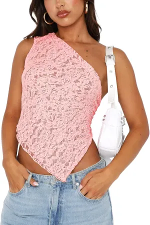 Women Y2K Lace Tank Top One Shoulder Tie Back Spaghetti Strap Crop Top Backless Cut Out Camis Summer Going Out Top