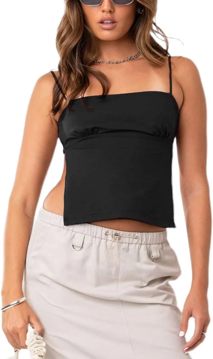 Women Y2K Lace Trim Crop Top V Neck Spaghetti Strap Camisole Top Sleeveless Summer Streetwear