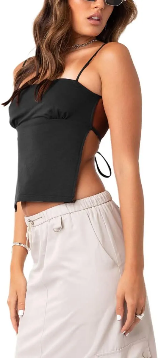 Women Y2K Lace Trim Crop Top V Neck Spaghetti Strap Camisole Top Sleeveless Summer Streetwear