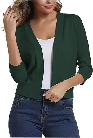 Women's 3/4 Sleeve Cardigan Knit Sweaters Open Front Shrug Blouses Casual Loose Soft Comfy Cropped Cardigan Tops
