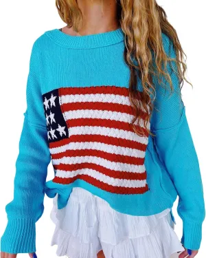 Women's American Flag Graphic Sweater Vintage Loose Hollow Out 4th of July Jumper Summer USA Flag Pullover Top