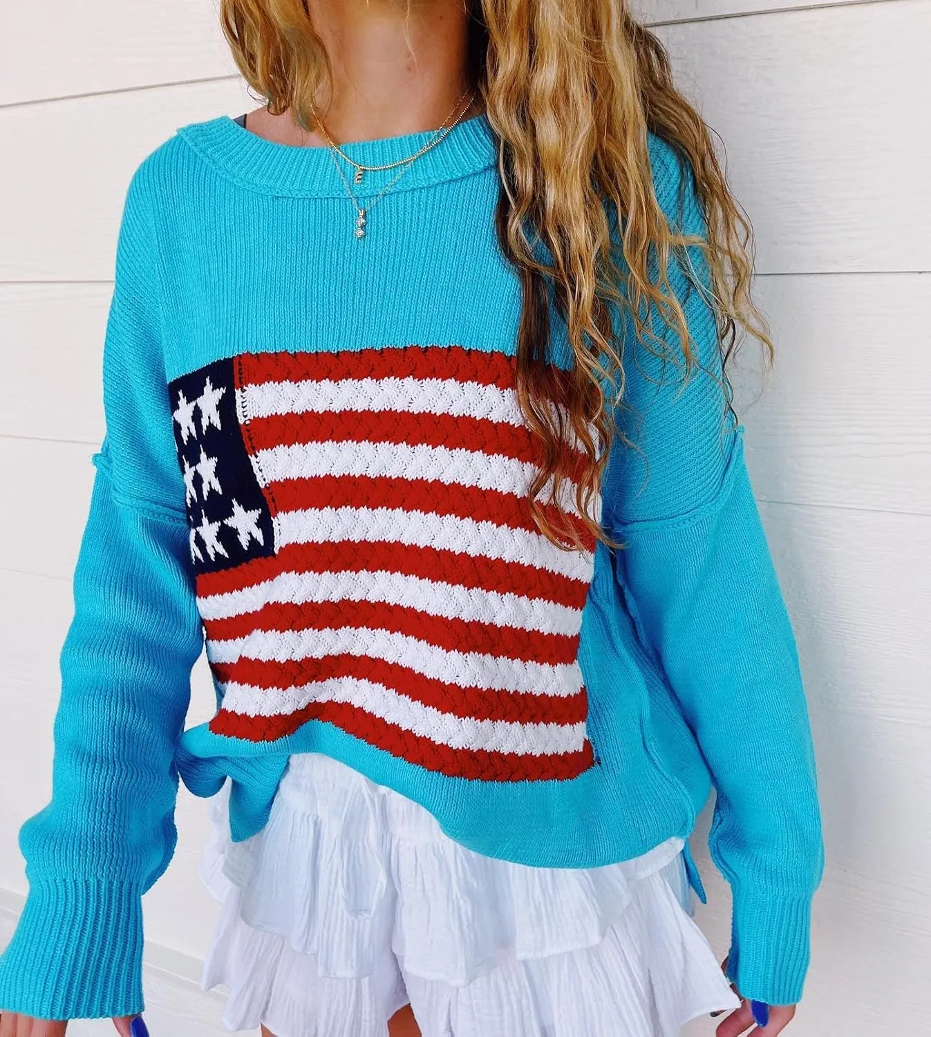 Women's American Flag Graphic Sweater Vintage Loose Hollow Out 4th of July Jumper Summer USA Flag Pullover Top