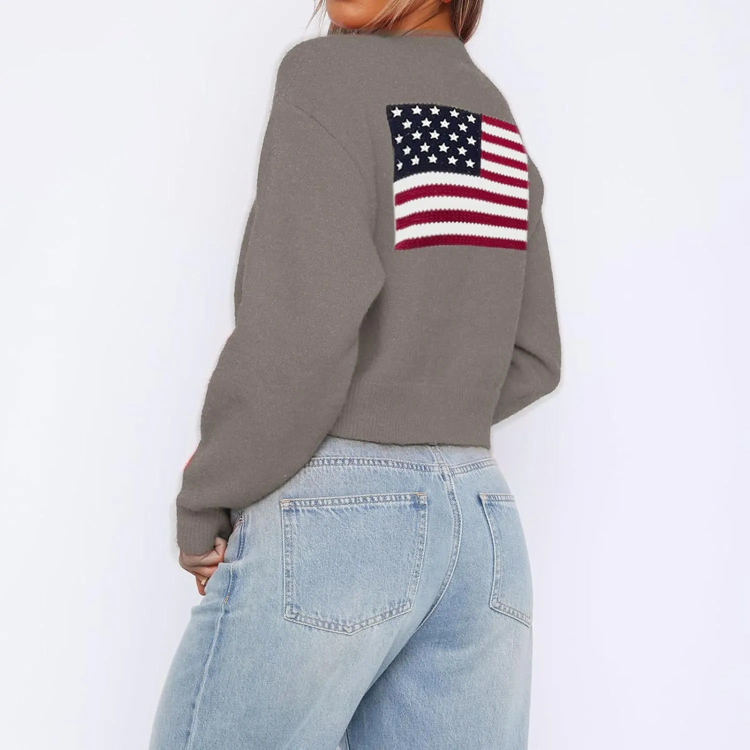 Womens American Flag Sweater Cardigan USA Flag Star Stripe Long Sleeve Knitted Casual Knitwear Sweaters