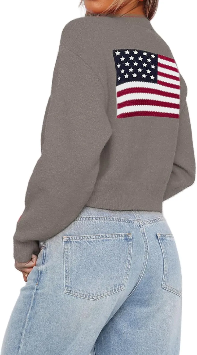Womens American Flag Sweater Cardigan USA Flag Star Stripe Long Sleeve Knitted Casual Knitwear Sweaters