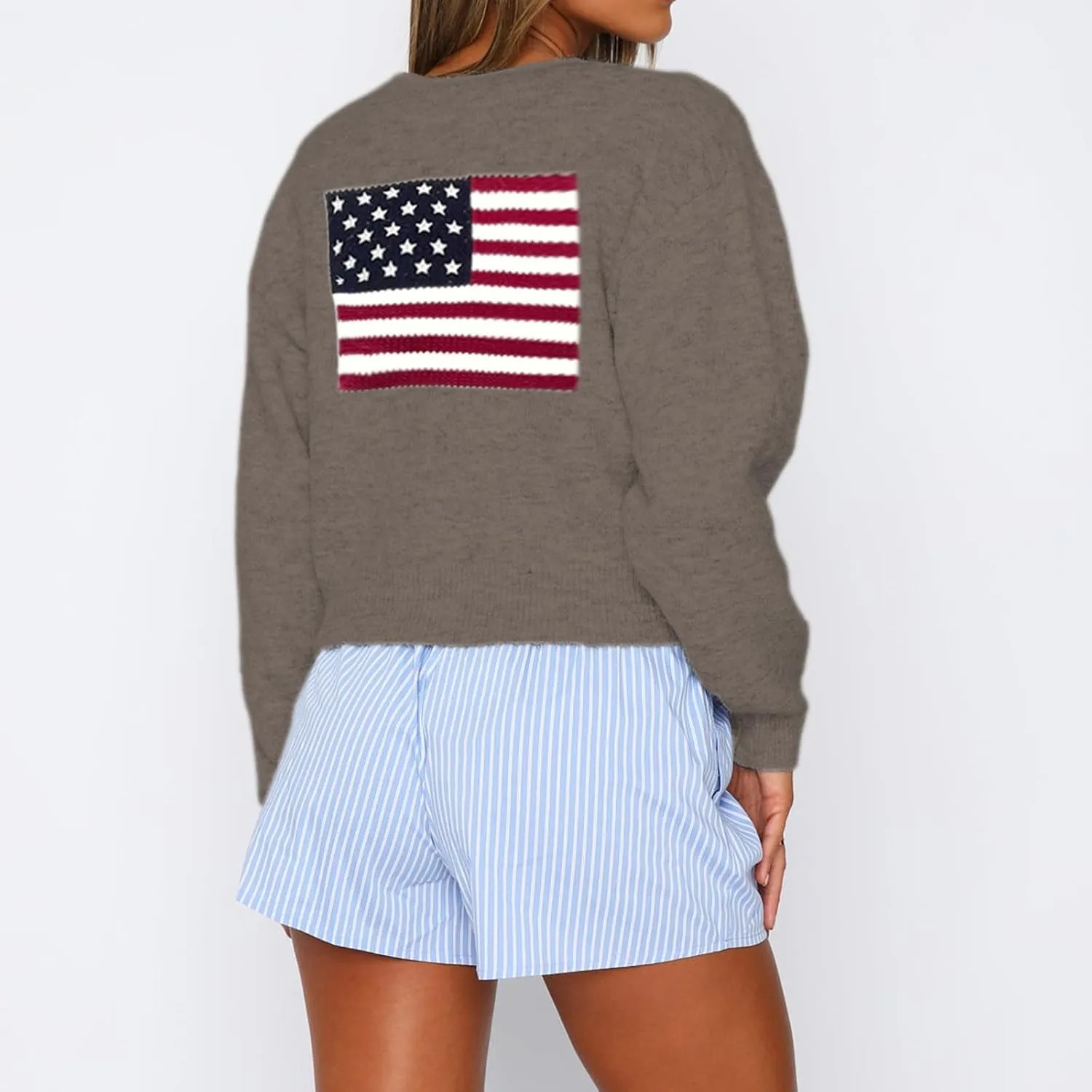 Womens American Flag Sweater Cardigan USA Flag Star Stripe Long Sleeve Knitted Casual Knitwear Sweaters