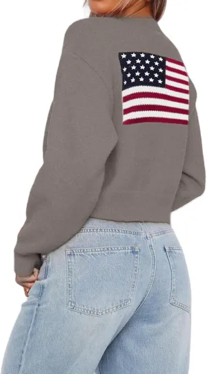 Womens American Flag Sweater Cardigan USA Flag Star Stripe Long Sleeve Knitted Casual Knitwear Sweaters