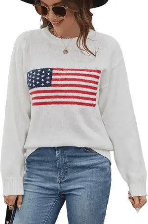 Women's American Flag Sweater Top Long Sleeved Round Neck Casual Knit Loose Pullover top