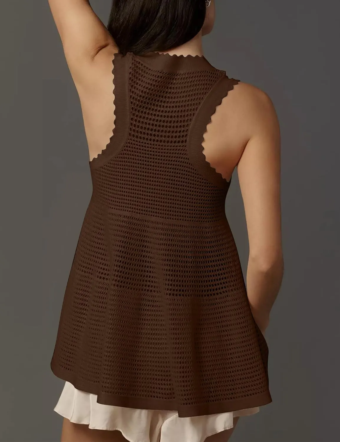 Women's Babydoll Sweater Tank Top Crochet Ruffle Hem Loose Fit Crewneck Hollow Out See Through Sweater Vest