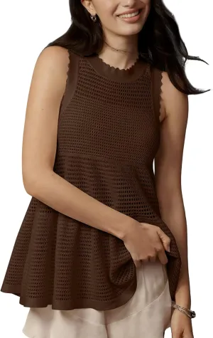 Women's Babydoll Sweater Tank Top Crochet Ruffle Hem Loose Fit Crewneck Hollow Out See Through Sweater Vest