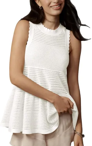Women's Babydoll Sweater Tank Top Crochet Ruffle Hem Loose Fit Crewneck Hollow Out See Through Sweater Vest