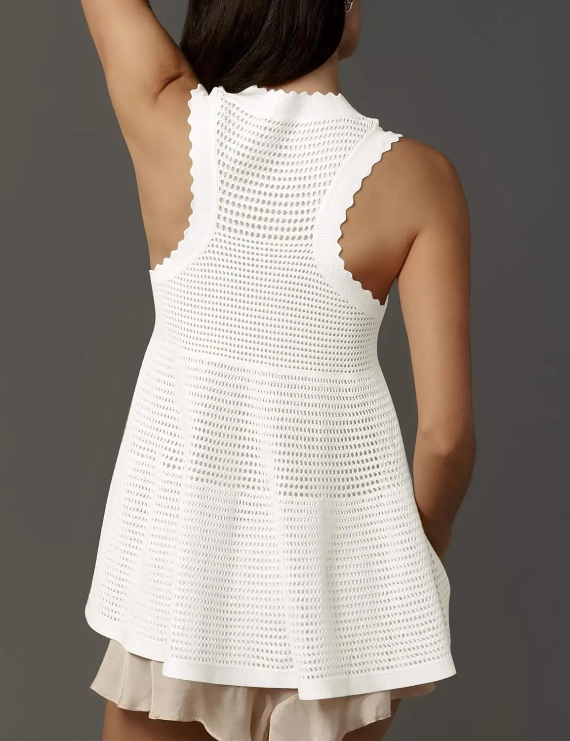 Women's Babydoll Sweater Tank Top Crochet Ruffle Hem Loose Fit Crewneck Hollow Out See Through Sweater Vest