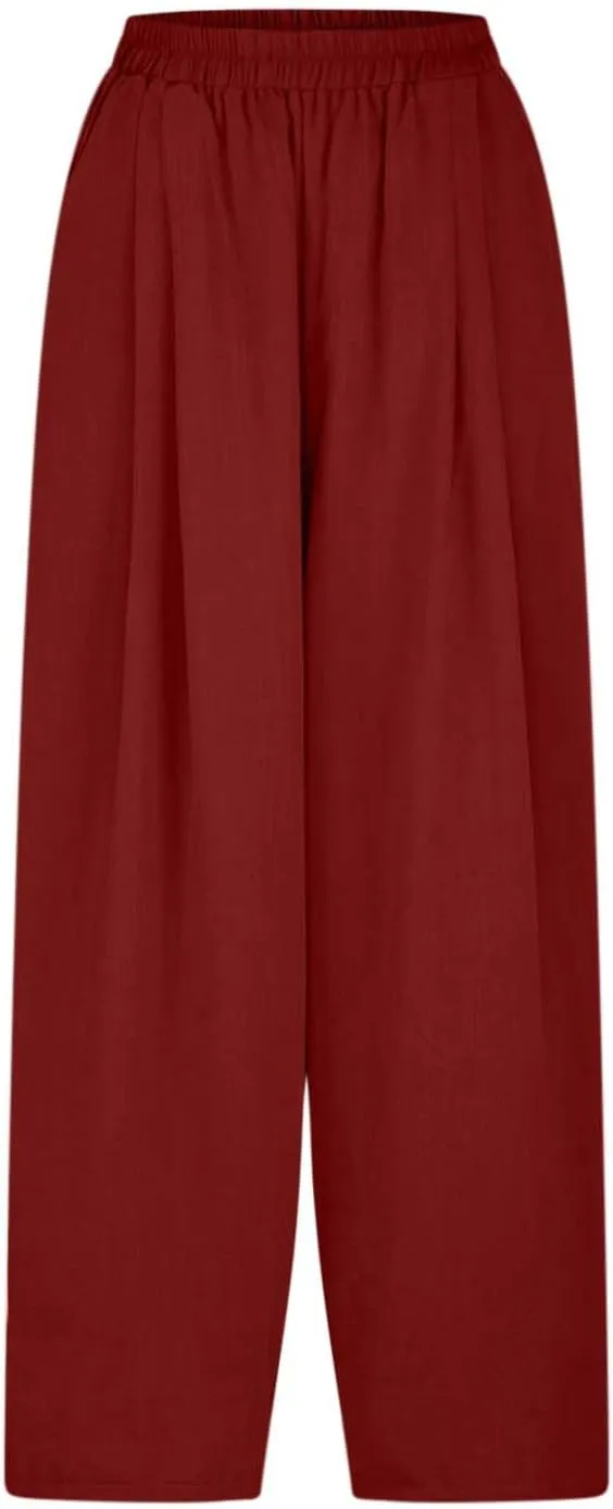 Women's Baggy Linen Pants Summer Casual Wide Leg Palazzo Trousers High Waisted Relax Fit Lantern Slacks with Pockets