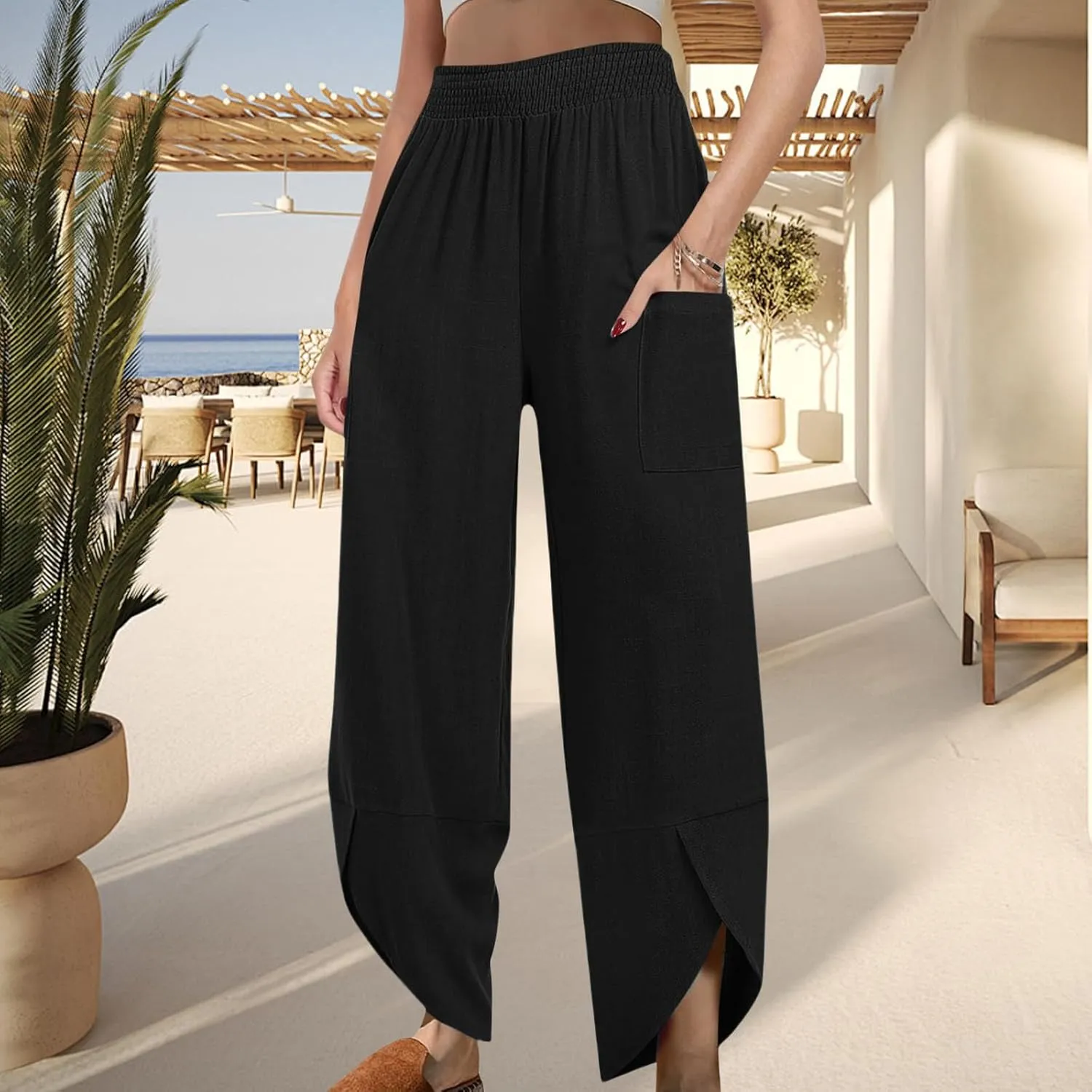 Womens Baggy Wide Leg Pants Linen Summer Casual Elastic Waisted Palazzo Pants Beach Loose Fit Trousers with Pockets