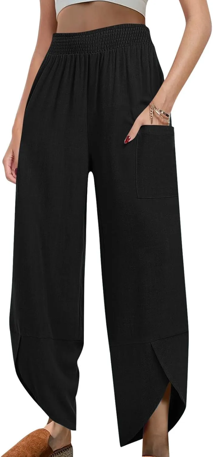 Womens Baggy Wide Leg Pants Linen Summer Casual Elastic Waisted Palazzo Pants Beach Loose Fit Trousers with Pockets
