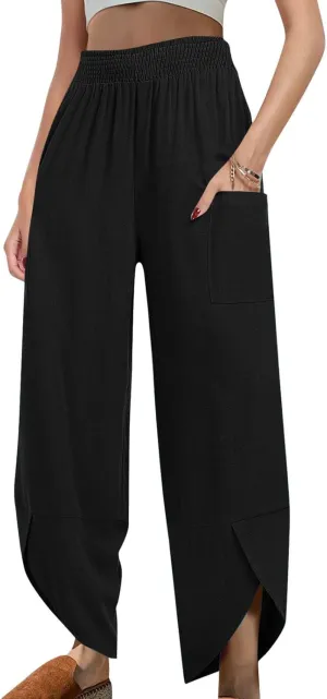 Womens Baggy Wide Leg Pants Linen Summer Casual Elastic Waisted Palazzo Pants Beach Loose Fit Trousers with Pockets