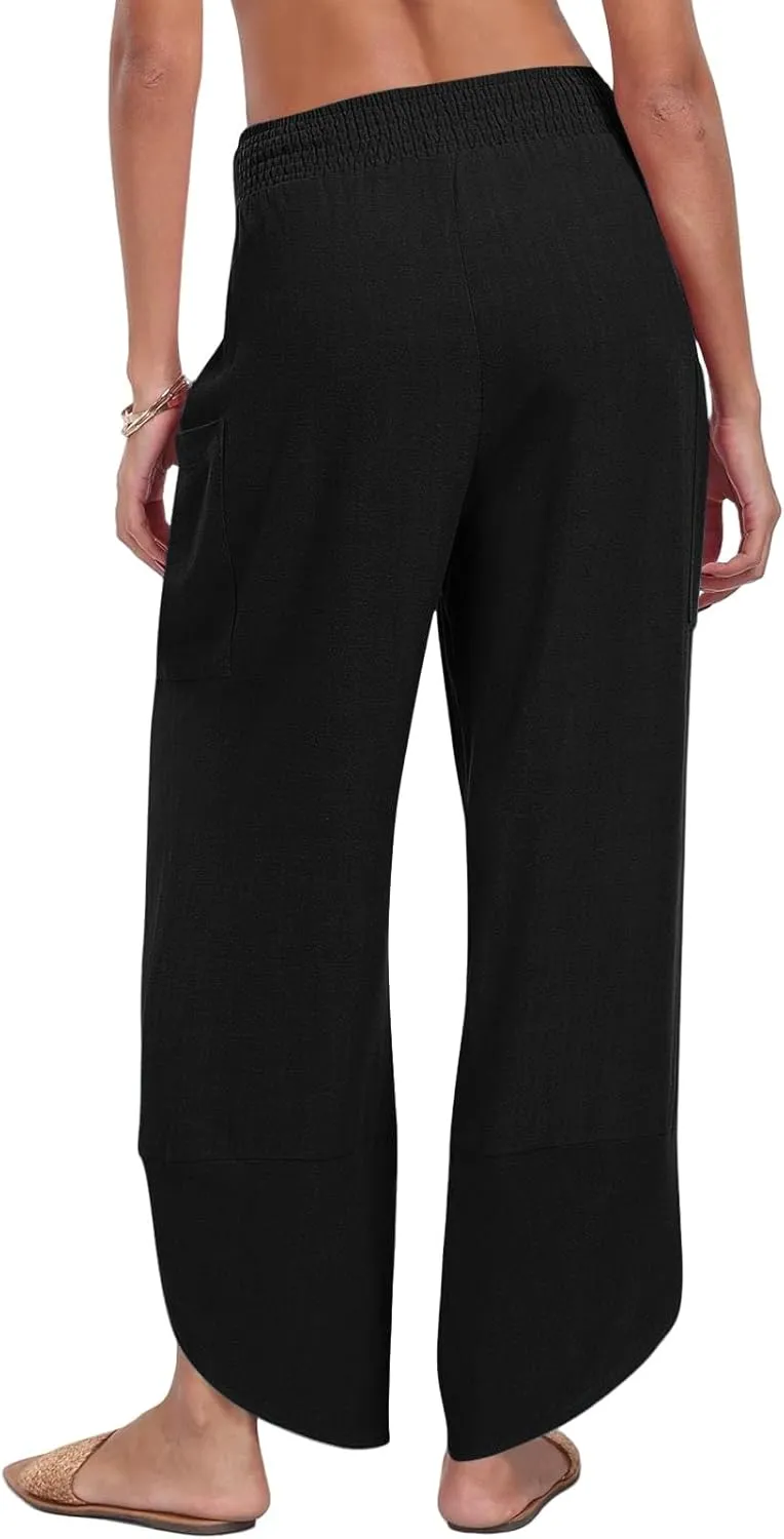 Womens Baggy Wide Leg Pants Linen Summer Casual Elastic Waisted Palazzo Pants Beach Loose Fit Trousers with Pockets