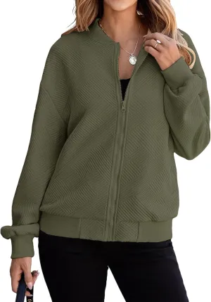 Womens Bomber Jackets Lightweight Oversized Zip Up Long Sleeve Coat Casual Soild Color Jackets