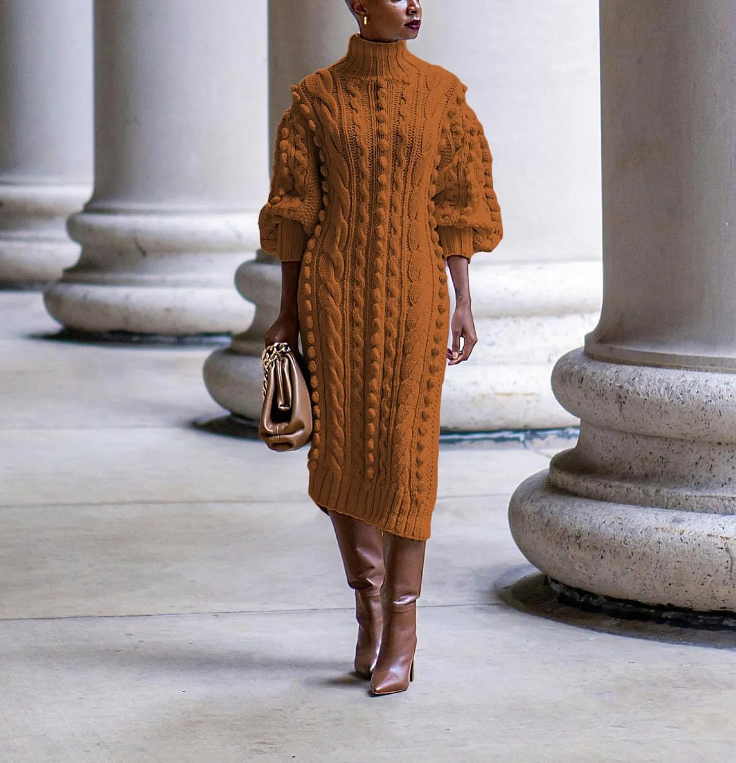 Women's Cable Knit Sweater Midi Dress Turtleneck Long Sleeve Loose Tunic Plus Size Split Sweater Dresses for Fall