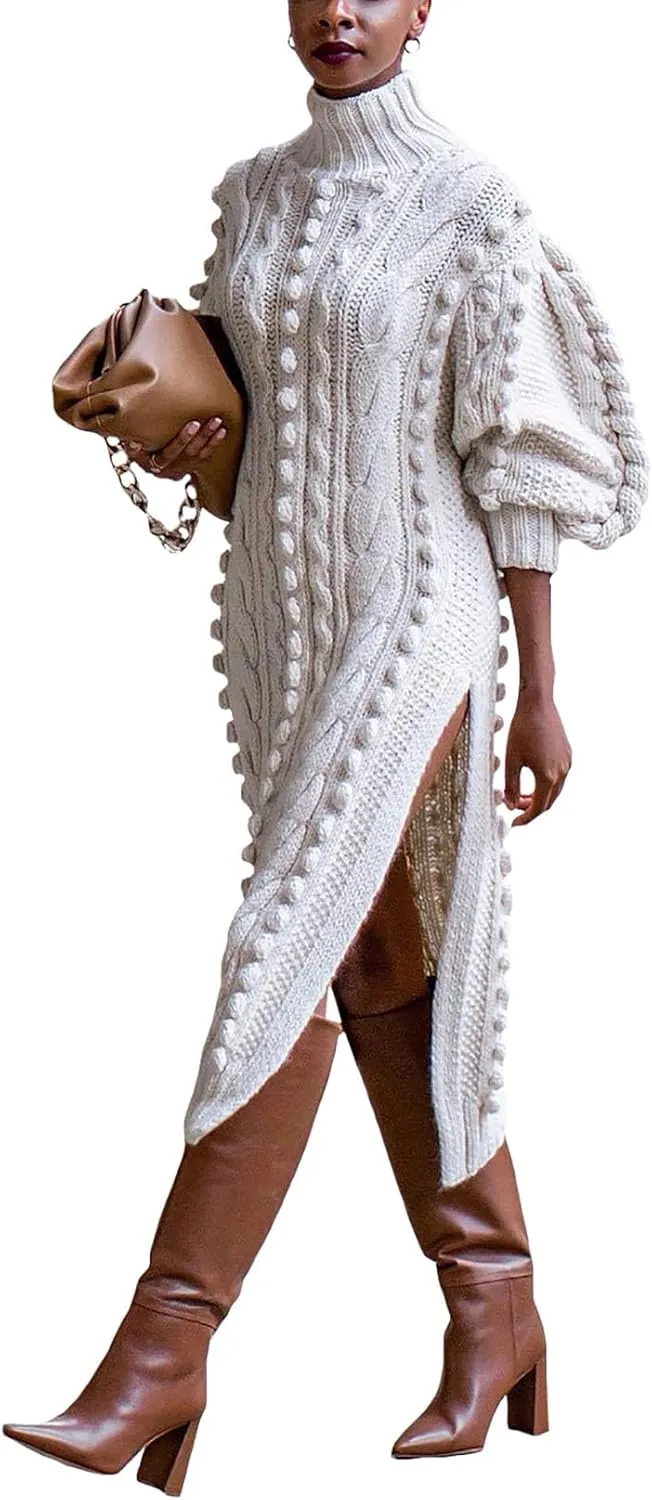 Women's Cable Knit Sweater Midi Dress Turtleneck Long Sleeve Loose Tunic Plus Size Split Sweater Dresses for Fall