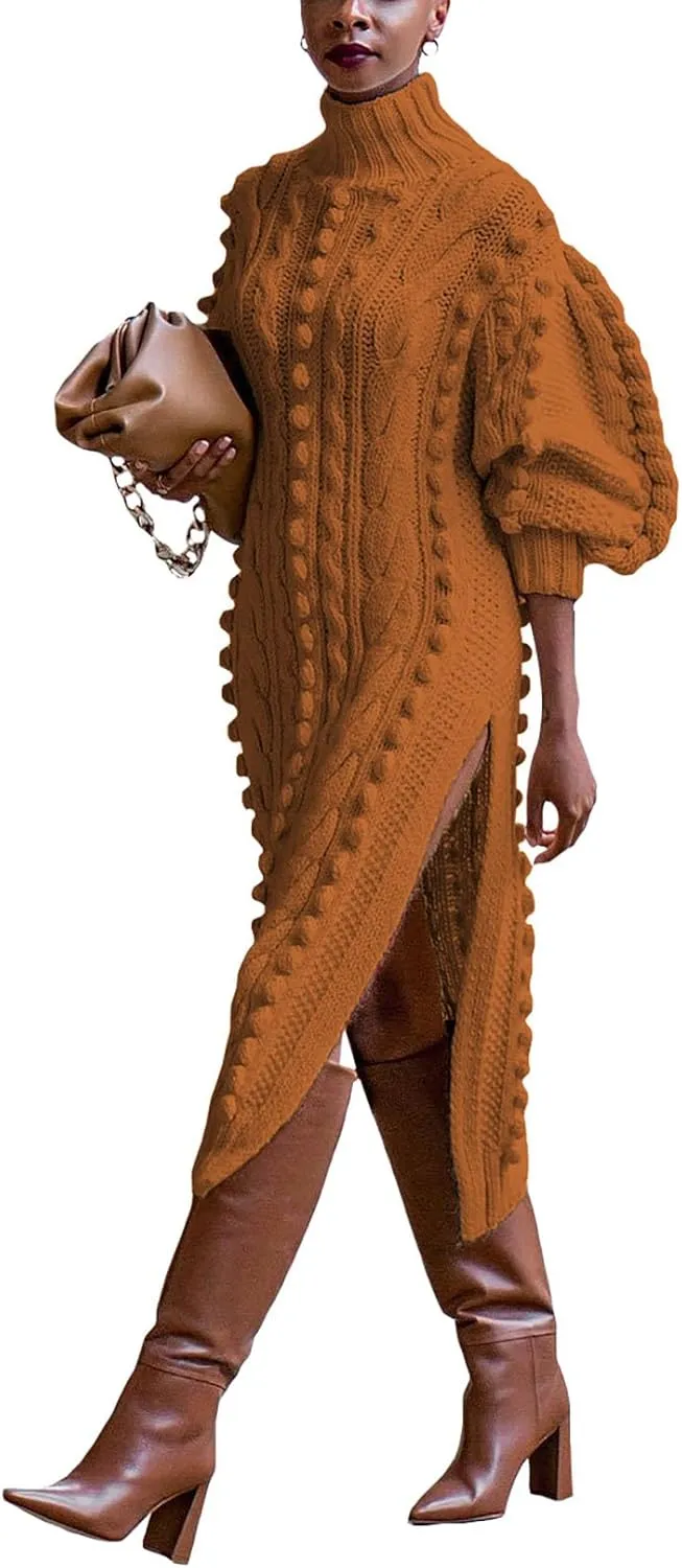 Women's Cable Knit Sweater Midi Dress Turtleneck Long Sleeve Loose Tunic Plus Size Split Sweater Dresses for Fall