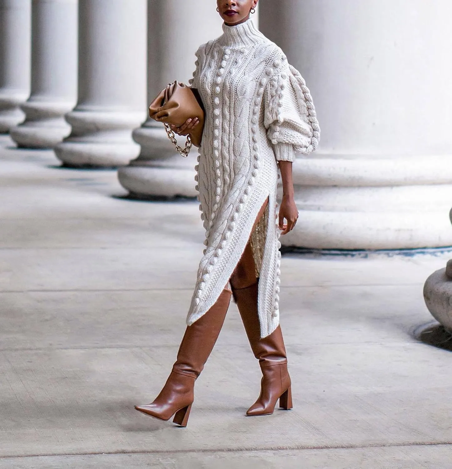 Women's Cable Knit Sweater Midi Dress Turtleneck Long Sleeve Loose Tunic Plus Size Split Sweater Dresses for Fall