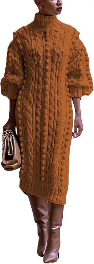 Women's Cable Knit Sweater Midi Dress Turtleneck Long Sleeve Loose Tunic Plus Size Split Sweater Dresses for Fall