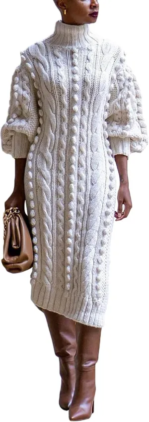Women's Cable Knit Sweater Midi Dress Turtleneck Long Sleeve Loose Tunic Plus Size Split Sweater Dresses for Fall