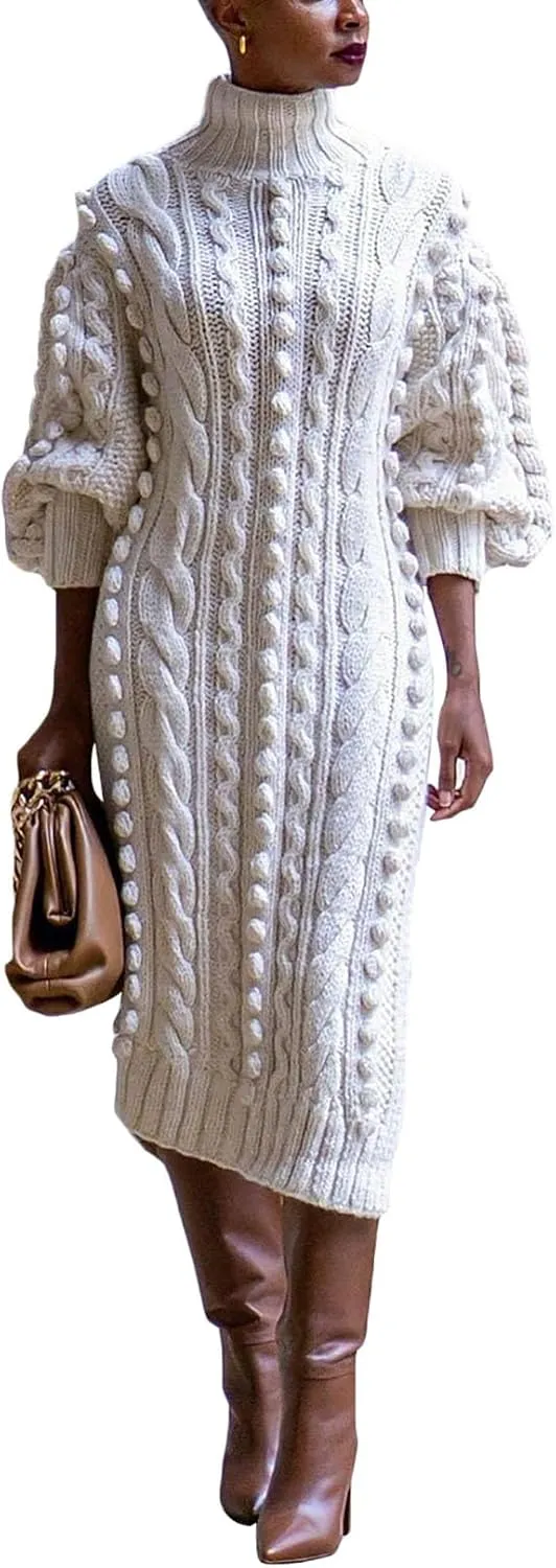 Women's Cable Knit Sweater Midi Dress Turtleneck Long Sleeve Loose Tunic Plus Size Split Sweater Dresses for Fall