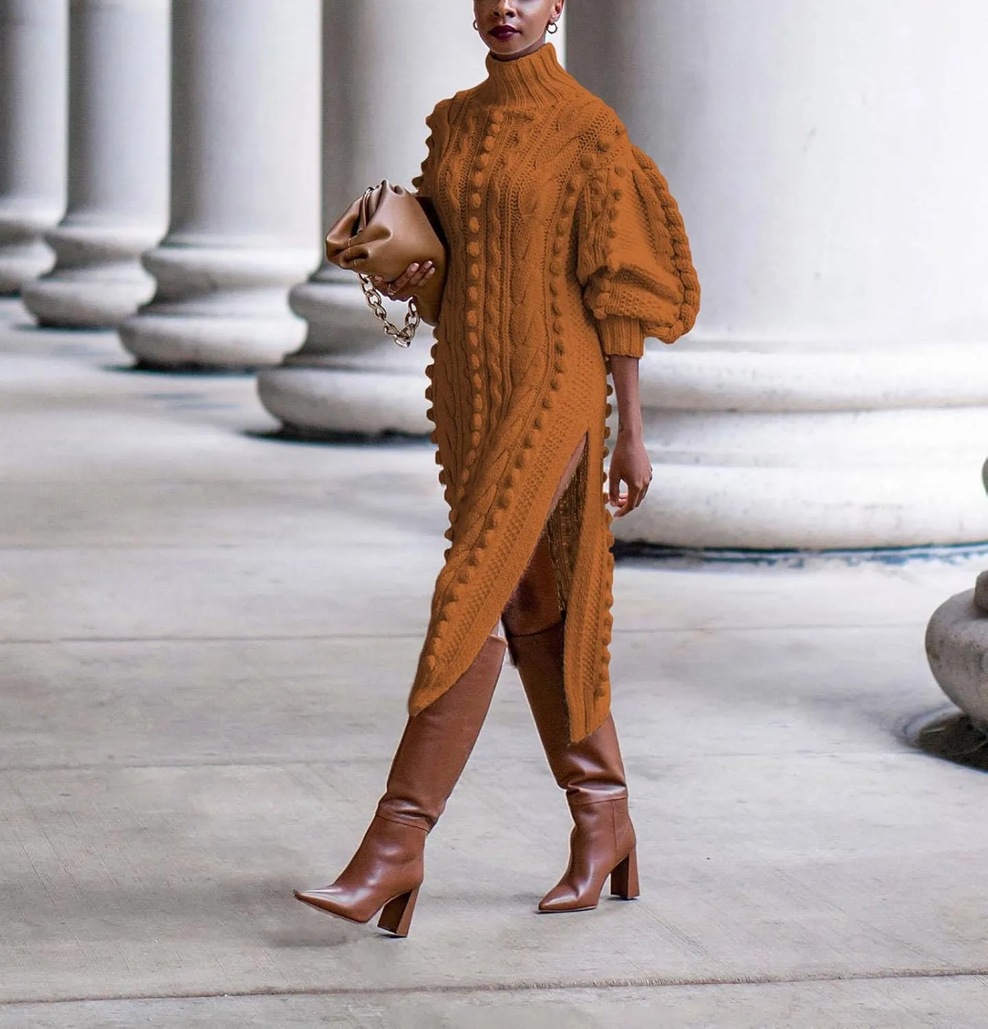 Women's Cable Knit Sweater Midi Dress Turtleneck Long Sleeve Loose Tunic Plus Size Split Sweater Dresses for Fall