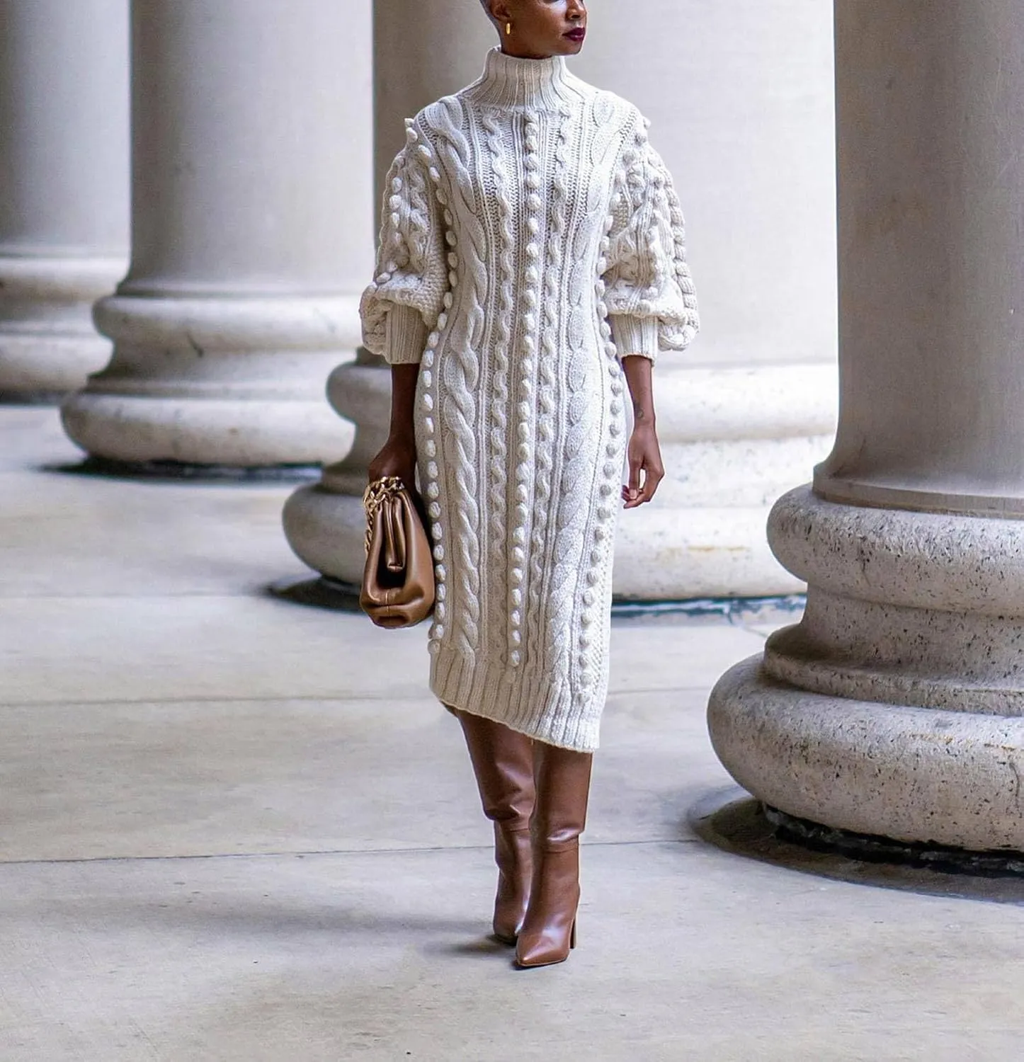 Women's Cable Knit Sweater Midi Dress Turtleneck Long Sleeve Loose Tunic Plus Size Split Sweater Dresses for Fall