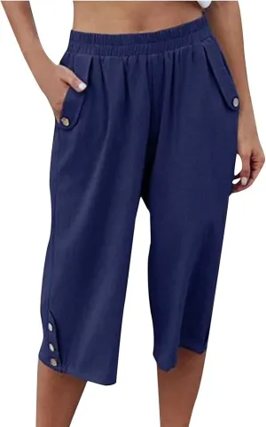 Womens Capri Pants Casual Bermuda Linen Cropped Pants Elastic Waist 3/4 Wide Leg Summer Trousers with Pockets