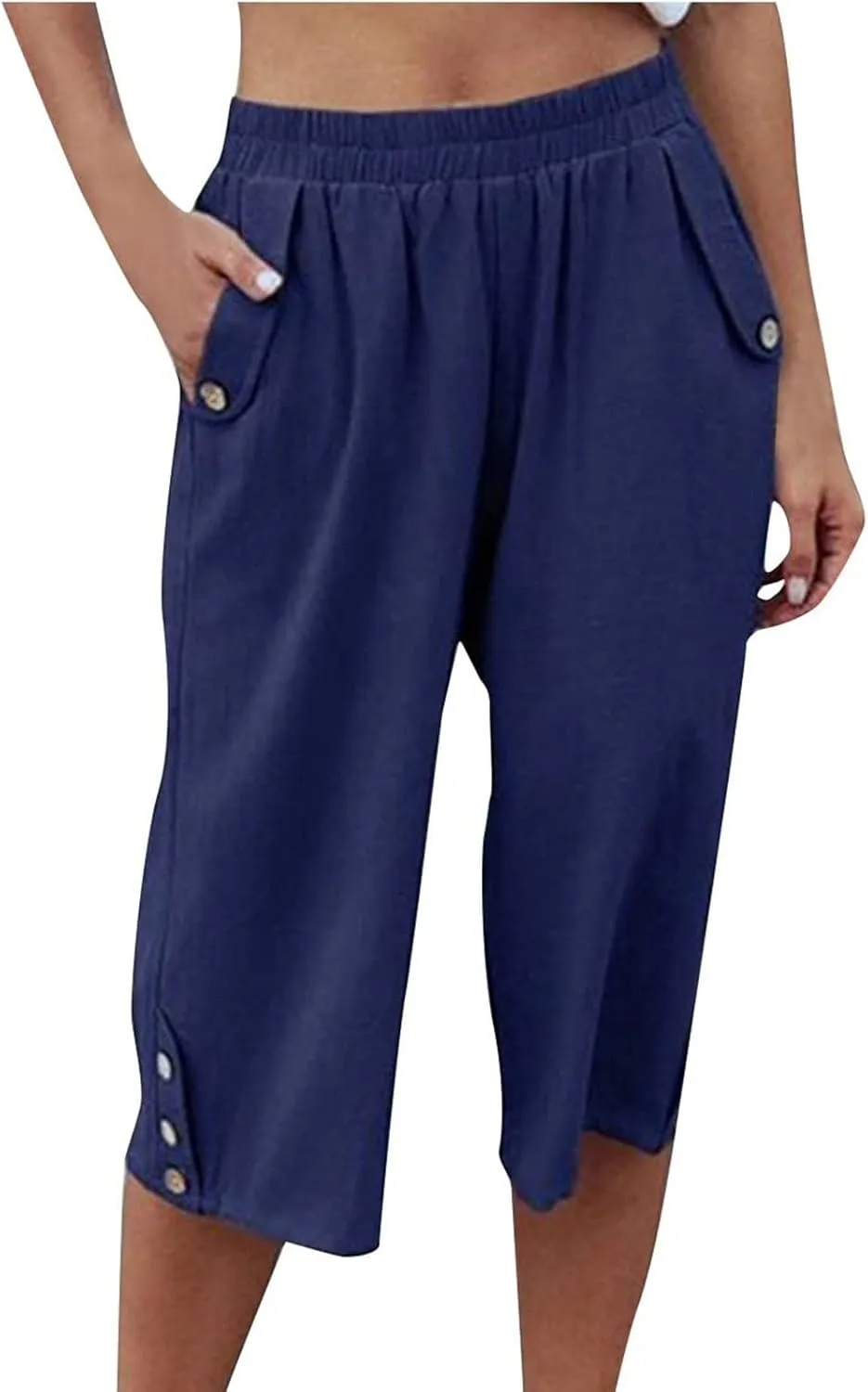 Womens Capri Pants Casual Bermuda Linen Cropped Pants Elastic Waist 3/4 Wide Leg Summer Trousers with Pockets