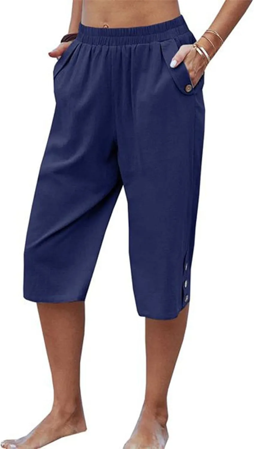 Womens Capri Pants Casual Bermuda Linen Cropped Pants Elastic Waist 3/4 Wide Leg Summer Trousers with Pockets