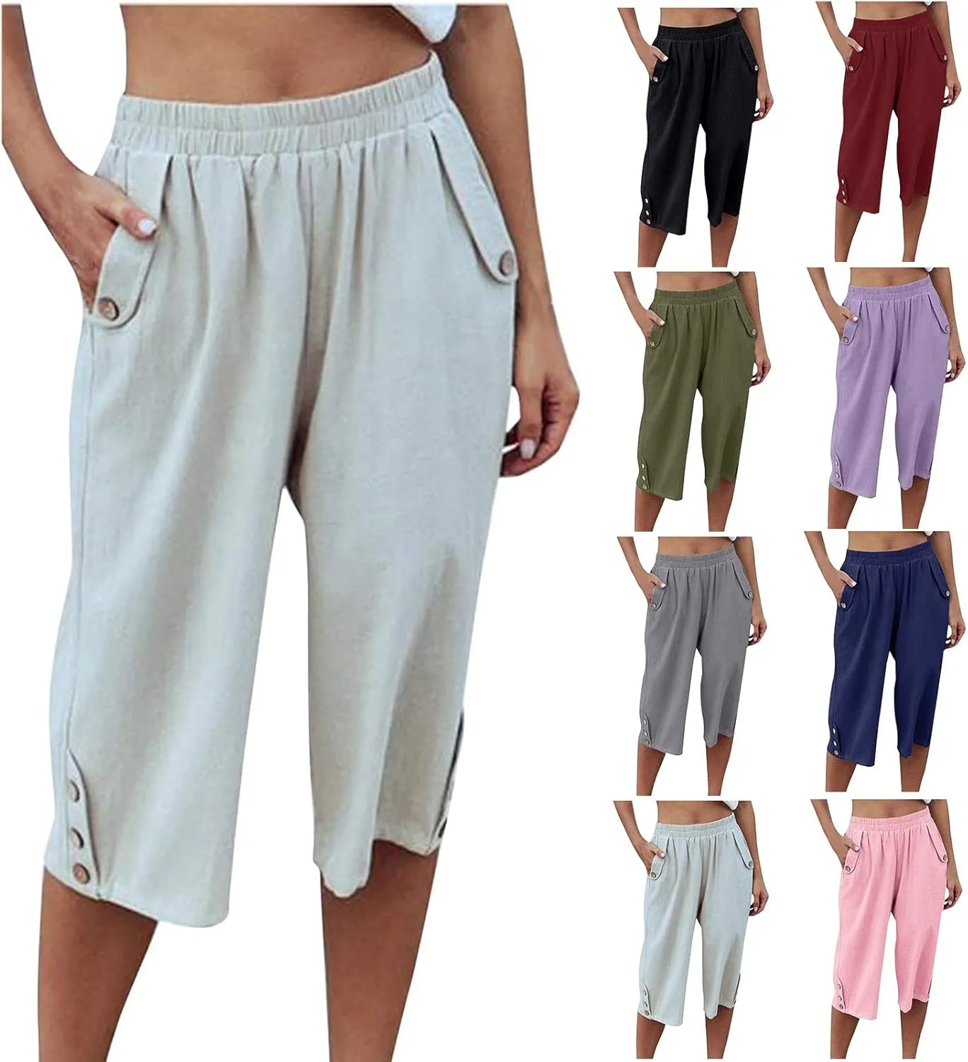 Womens Capri Pants Casual Bermuda Linen Cropped Pants Elastic Waist 3/4 Wide Leg Summer Trousers with Pockets