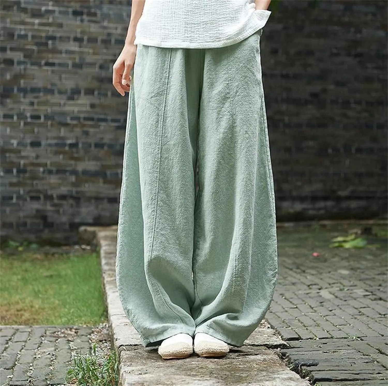 Women's Casual Cotton Linen Baggy Pants Elastic Waist Loose Fit Lantern Trouser Summer Wide Leg Casual Bloomers Pants