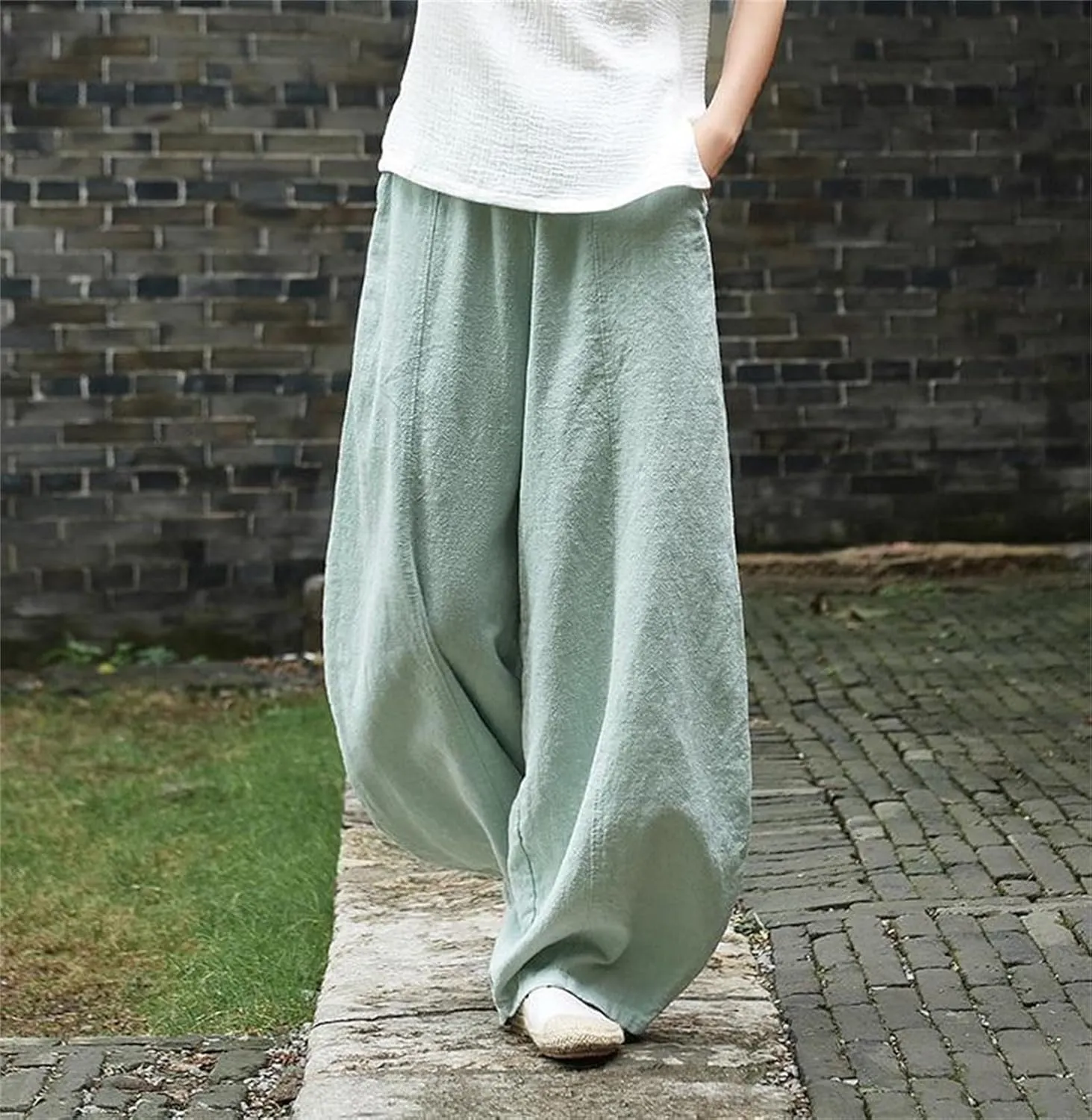 Women's Casual Cotton Linen Baggy Pants Elastic Waist Loose Fit Lantern Trouser Summer Wide Leg Casual Bloomers Pants