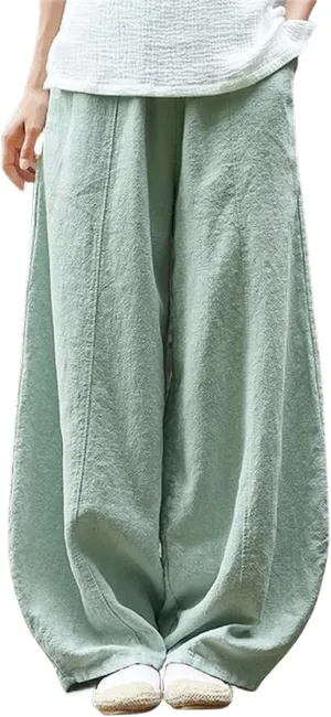 Women's Casual Cotton Linen Baggy Pants Elastic Waist Loose Fit Lantern Trouser Summer Wide Leg Casual Bloomers Pants