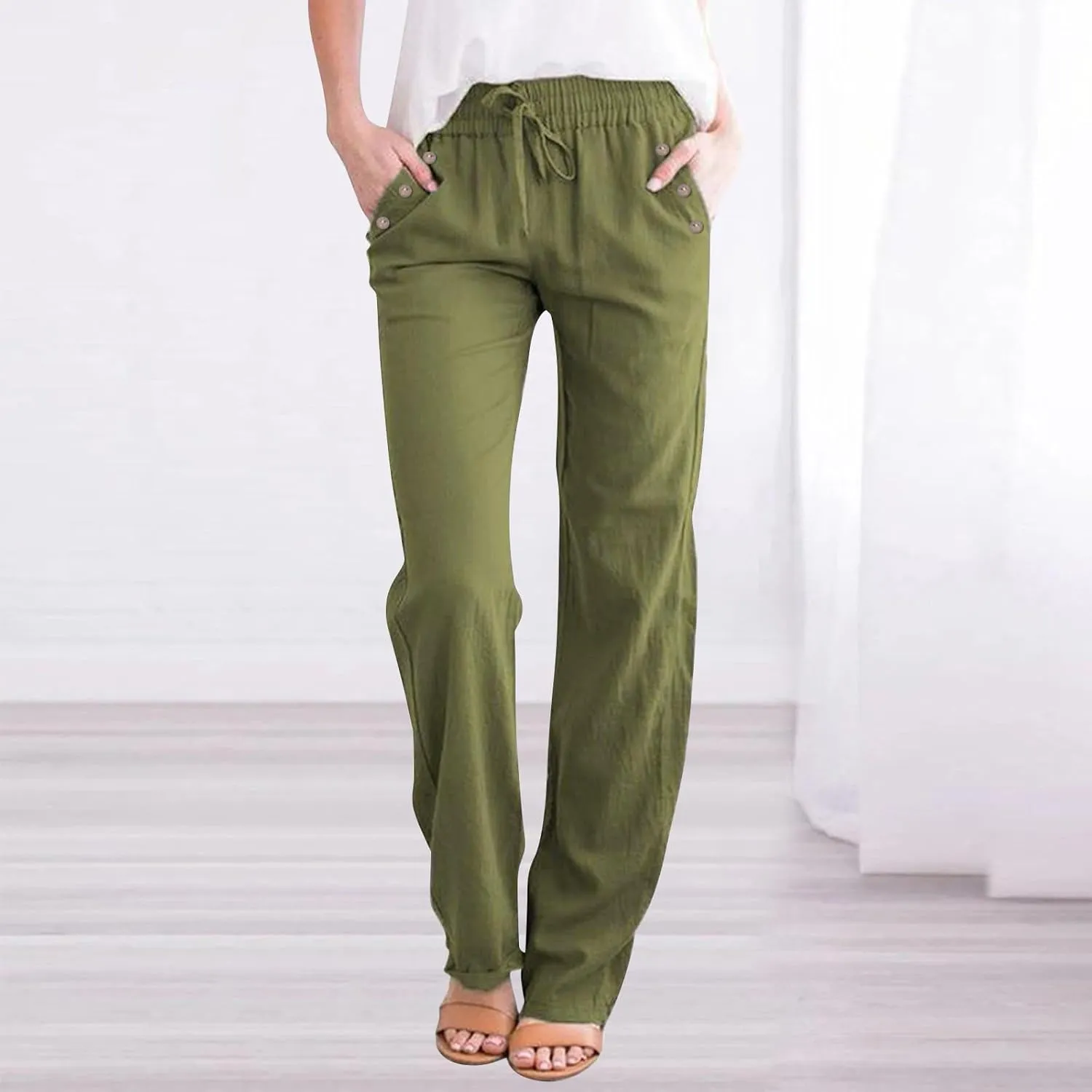 Womens Casual Cotton Linen Pants 2025 Lightweight Summer Relax Fit Elastic Waist Solid Lounge Beach Long Trousers