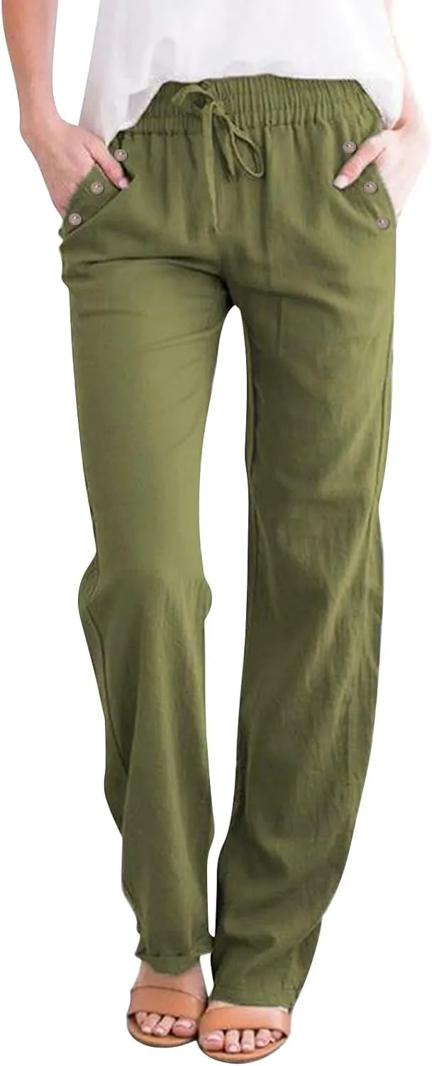 Womens Casual Cotton Linen Pants 2025 Lightweight Summer Relax Fit Elastic Waist Solid Lounge Beach Long Trousers